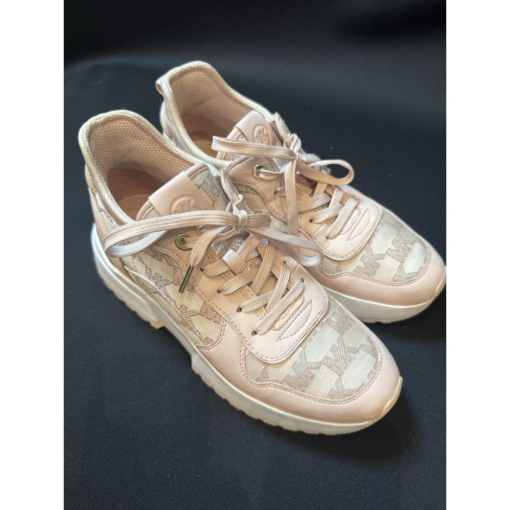 Michael Kors Muse Trainer Women's Low Top Lace Up Logo Sneakers Pink Gold Trim - Picture 3 of 14